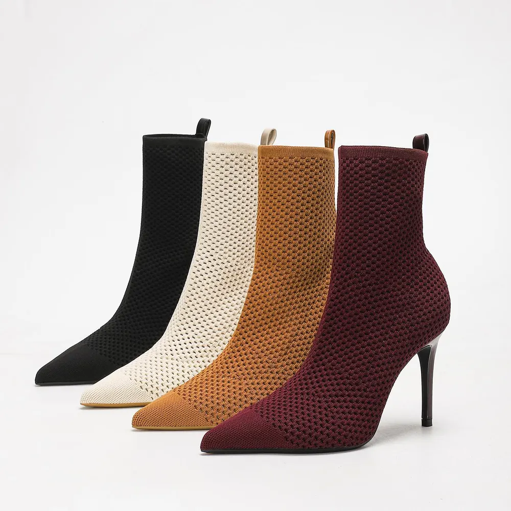 Pointed Toe Knit Stretch Heel Boots