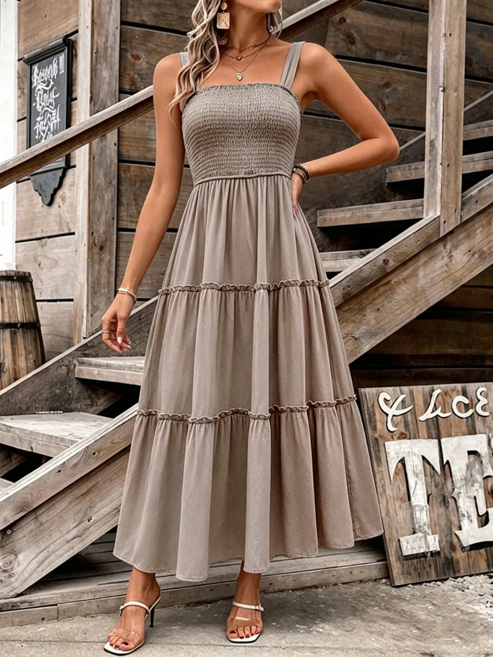 Square-Neck Ruched Strap Long Dress