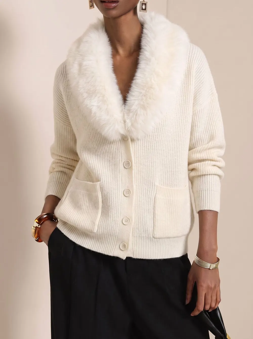 Fur-Collar Knit Cardigan with Pockets
