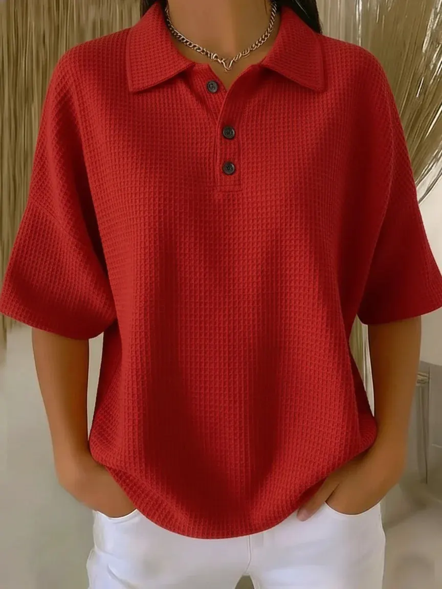 Waffle Knit Polo Collar Short-Sleeve Top