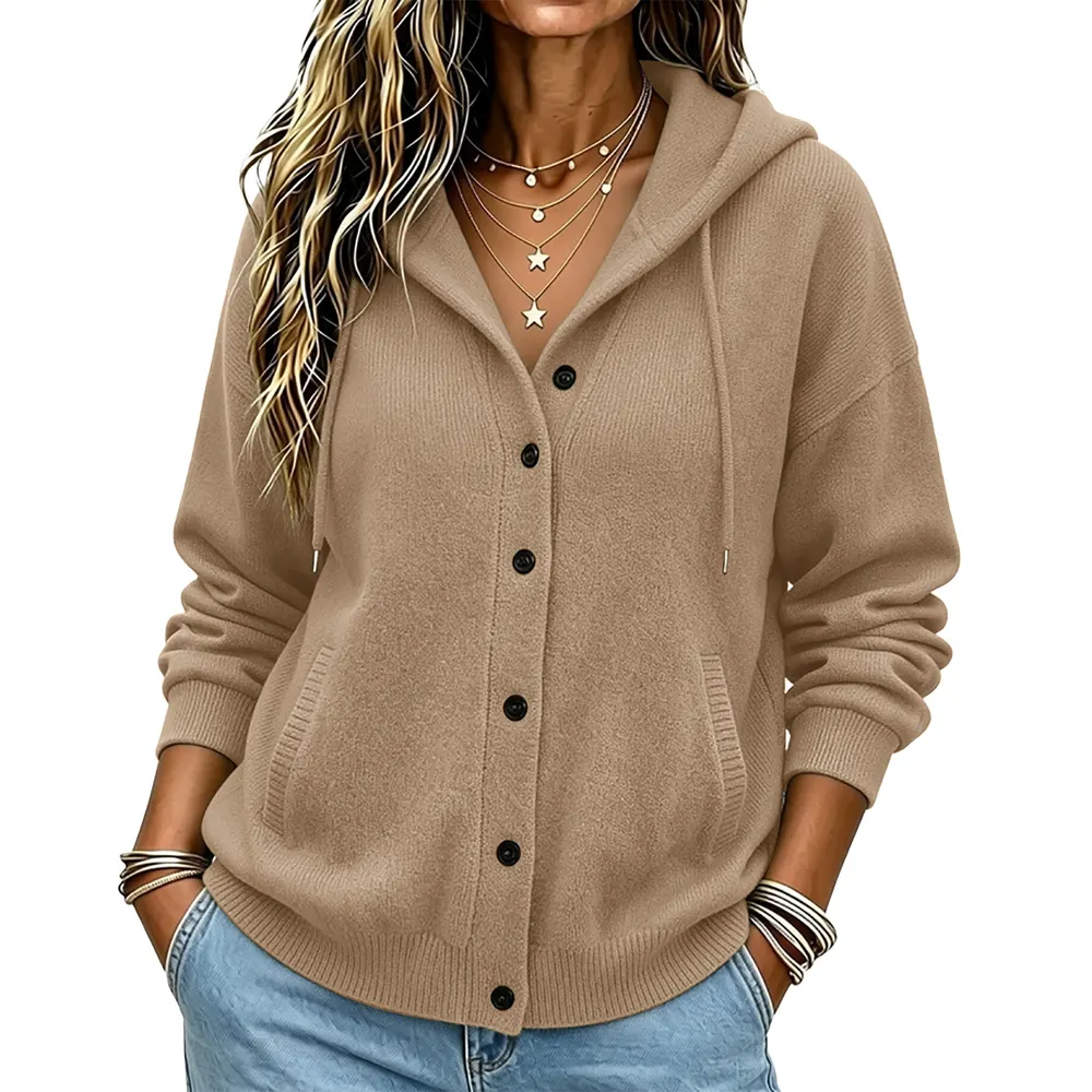Single-Breasted Hooded Knit Sweater