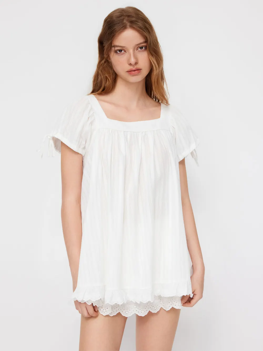 Square Neck Ruffle Tie Short-Sleeve Blouse