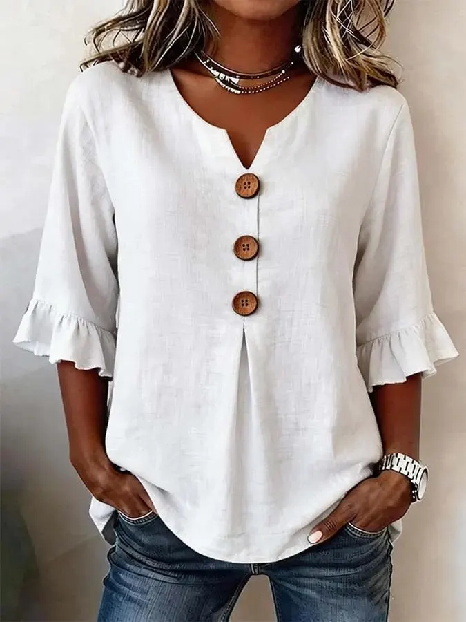 Cotton Linen V-Neck Button-Up Shirt
