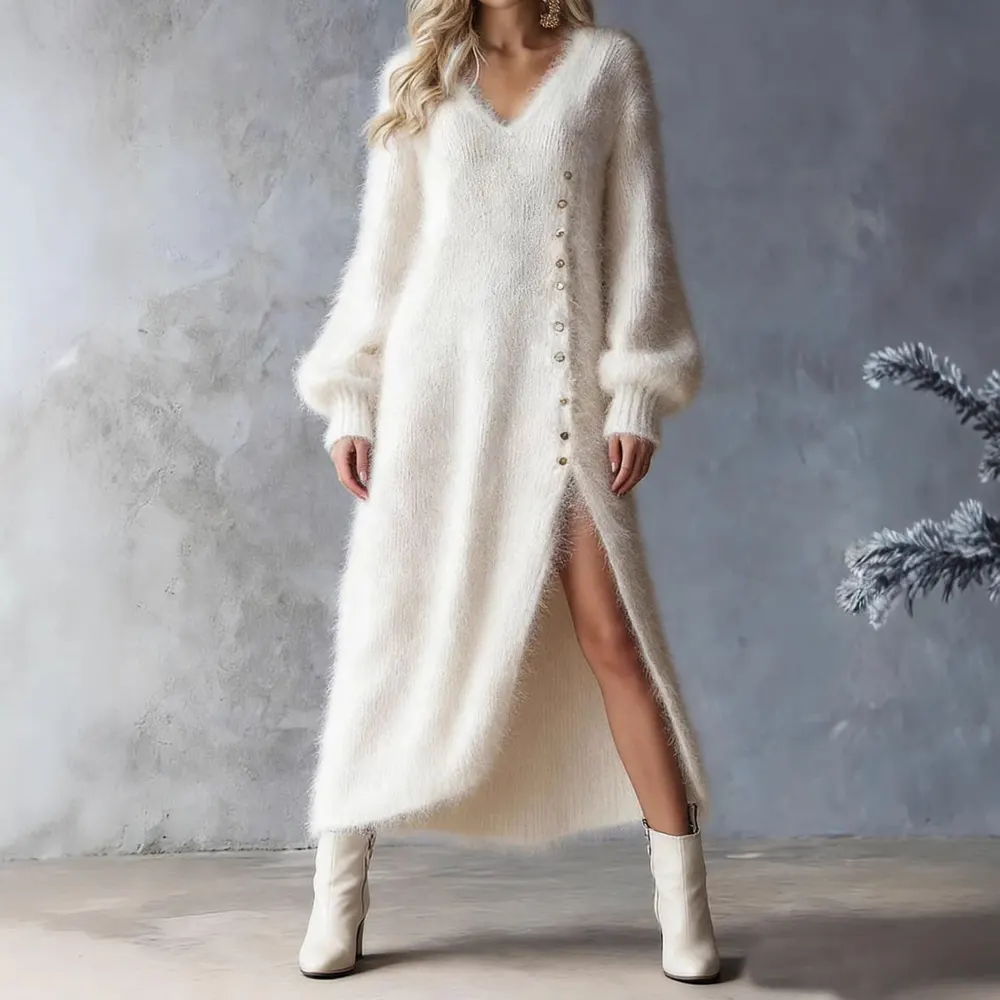 V-Neck Slit Mid-Length Dress