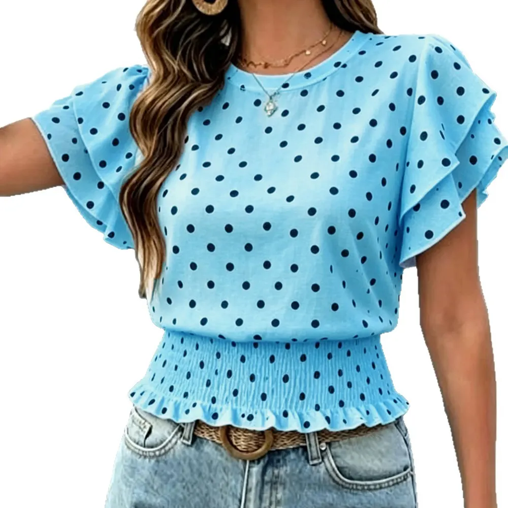 Polka Dot Round Neck Short Sleeve Top