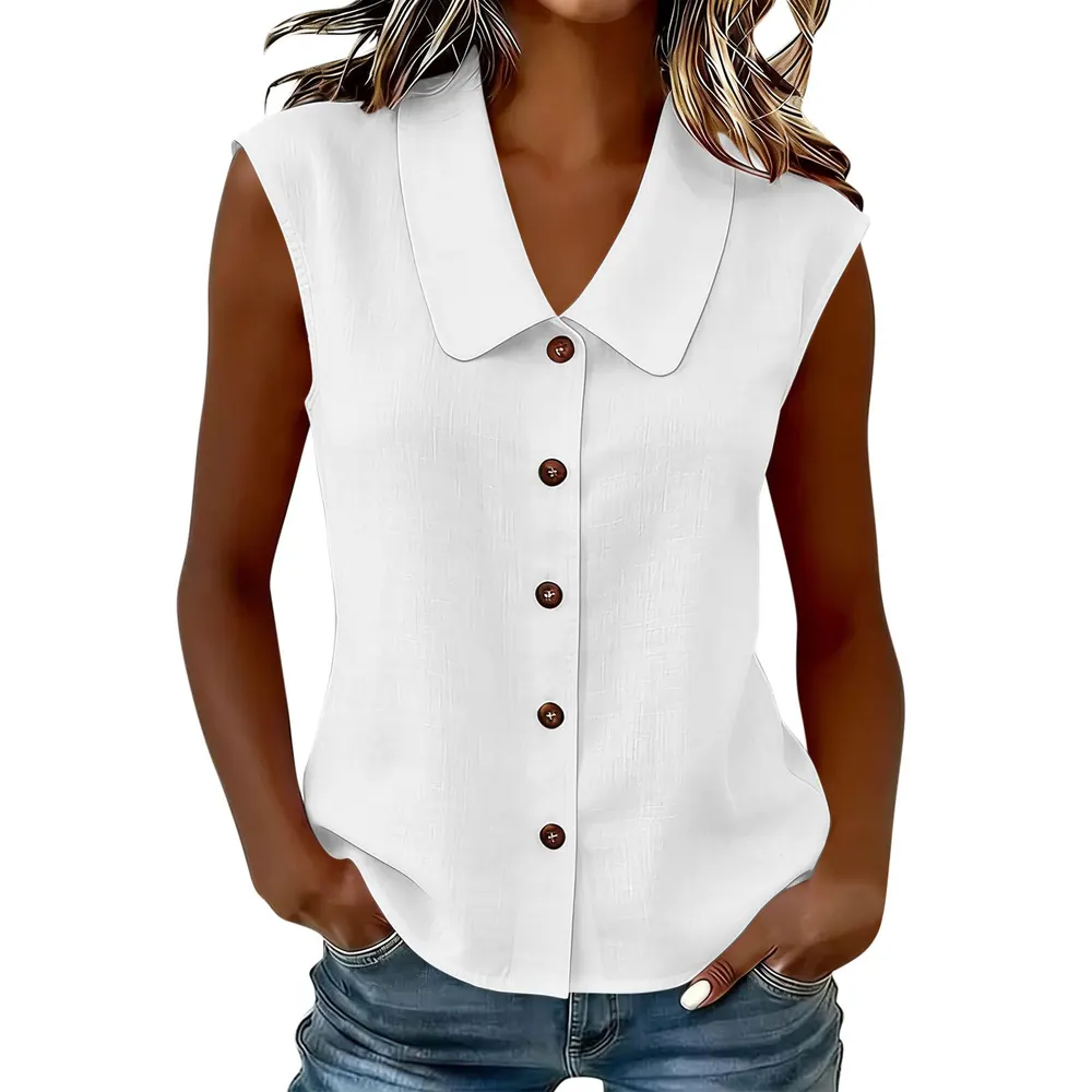 Sleeveless Polo-Neck Button-Down Blouse
