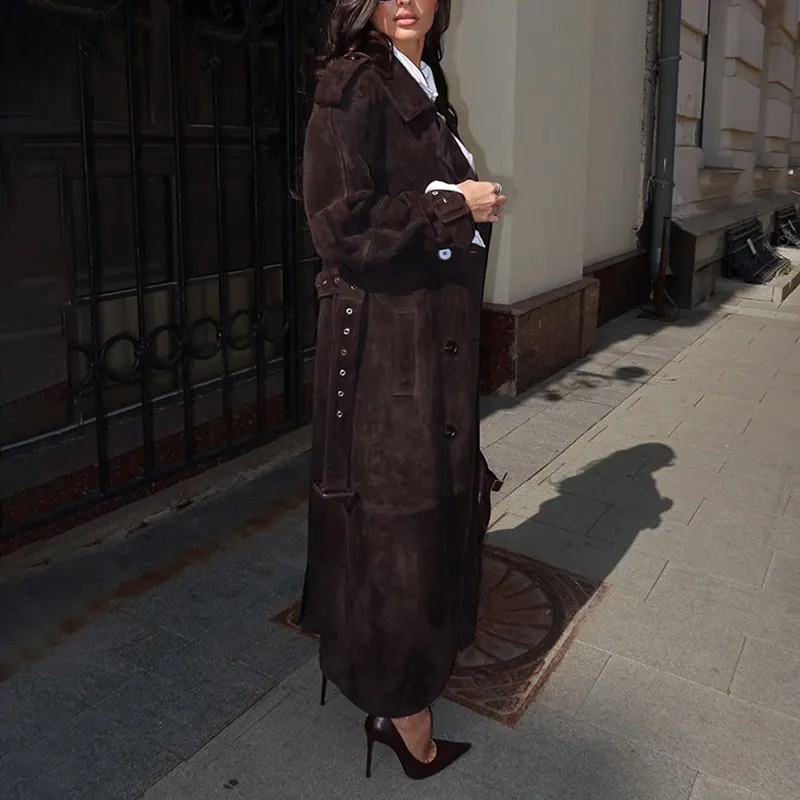 Faux Suede Double-Breasted Trench Coat