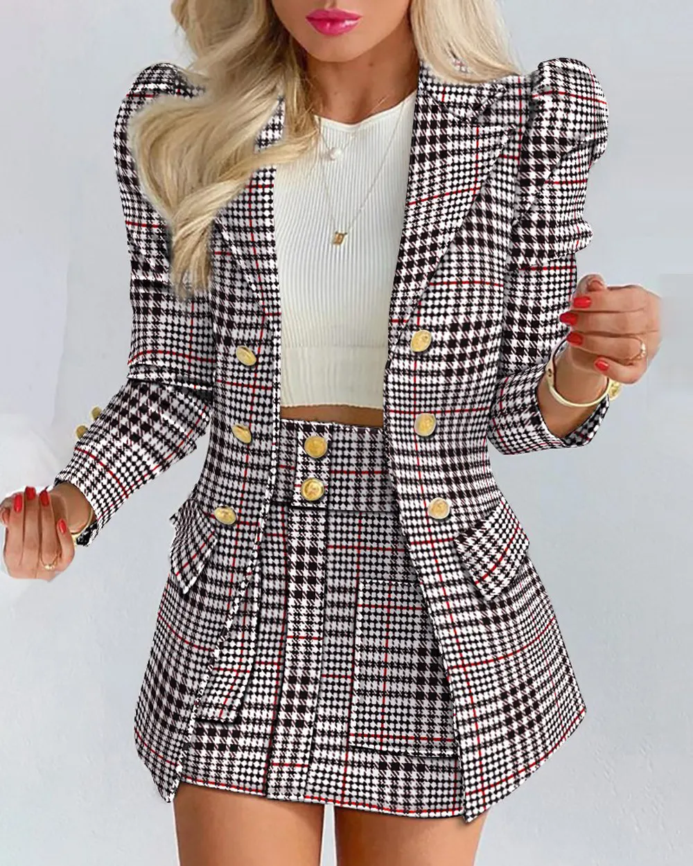Plaid Floral Two-Piece Skirt Suit