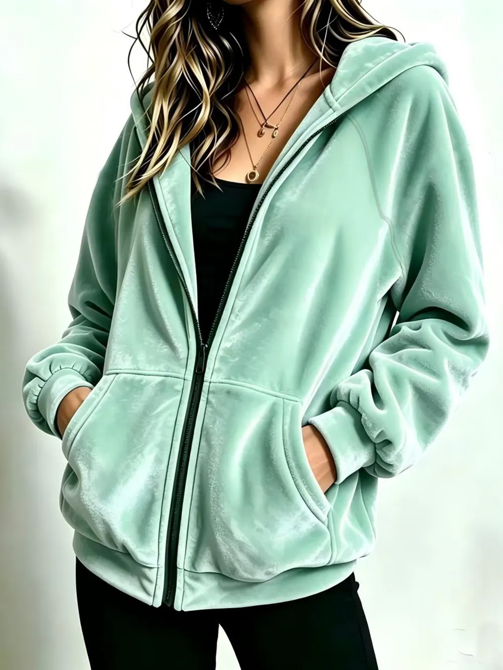 Solid Color Hooded Zip Sweatshirt