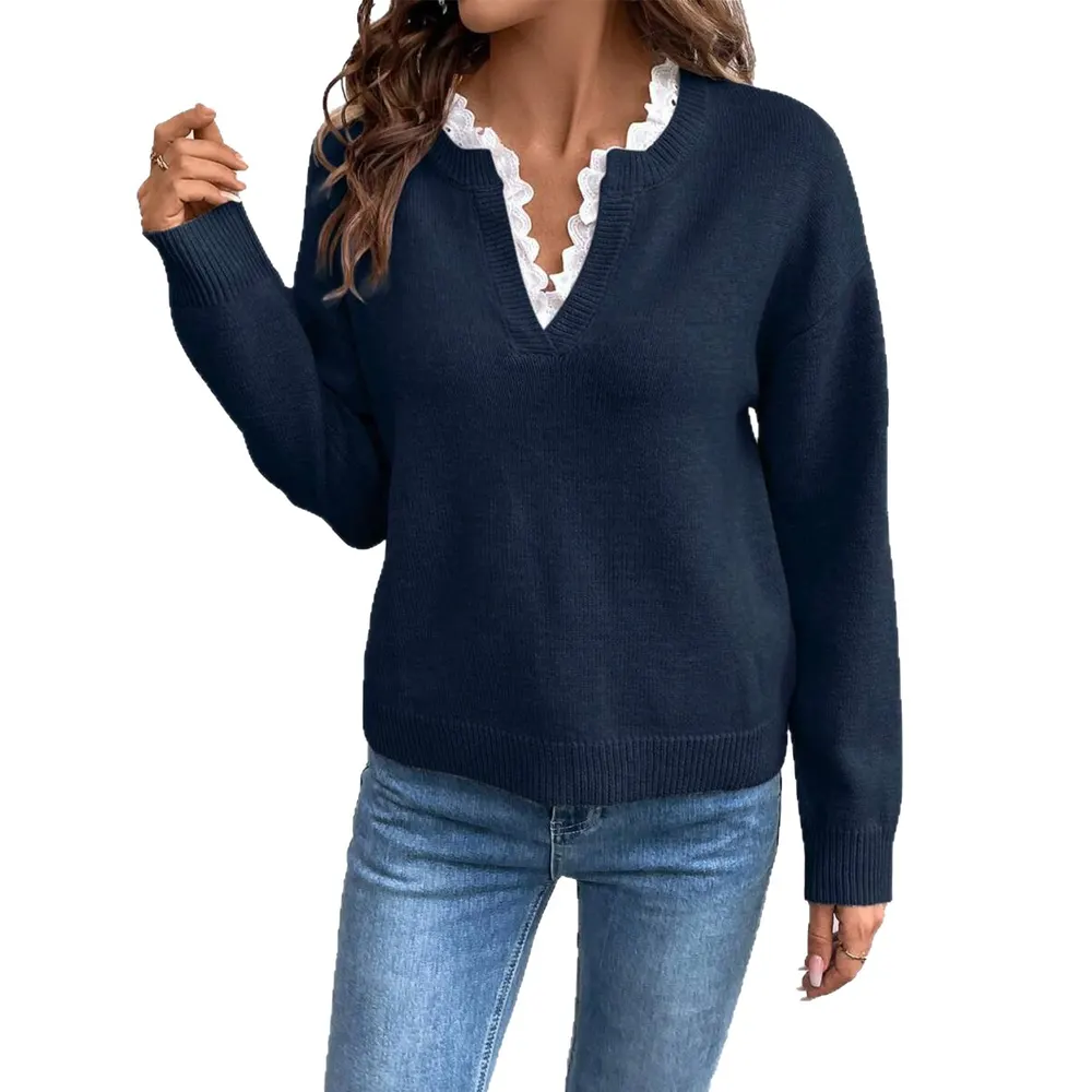 Lace V-Neck Long-Sleeve Knit Sweater