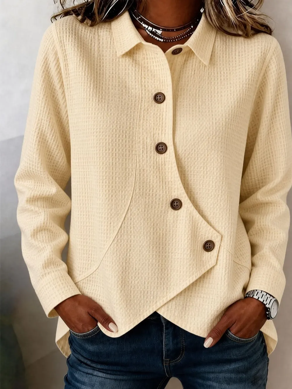 Asymmetrical Waffle Knit Long-Sleeve Shirt