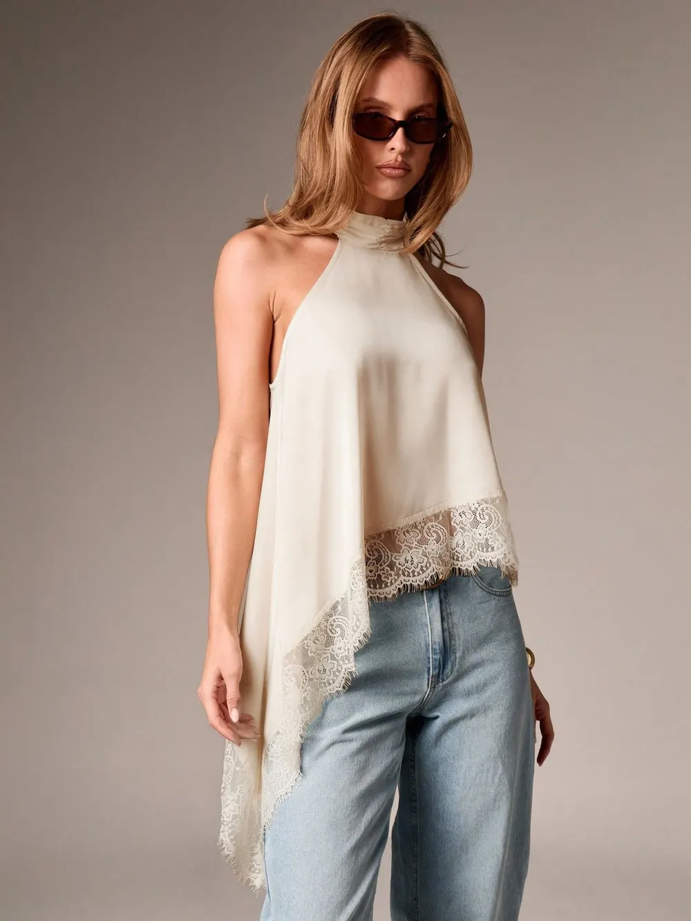 Satin Halter Top with Lace Trim