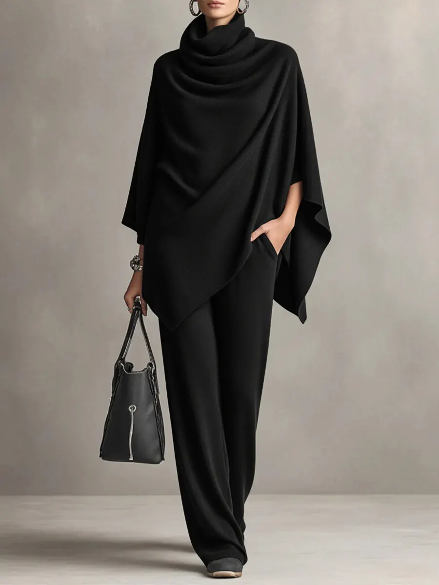 Velvet Pile Collar Cape and Wide-Leg Pant Set