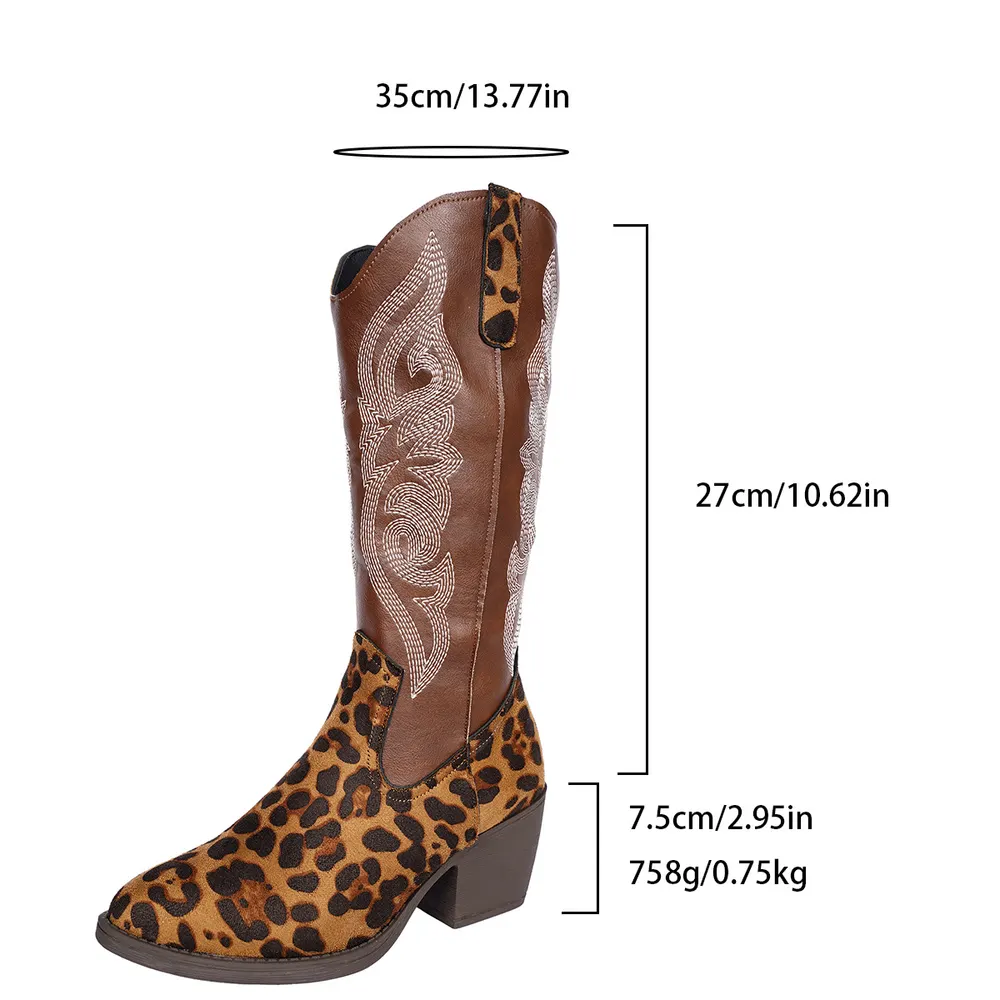 Embroidered Leopard Mid-Calf Cowboy Boots