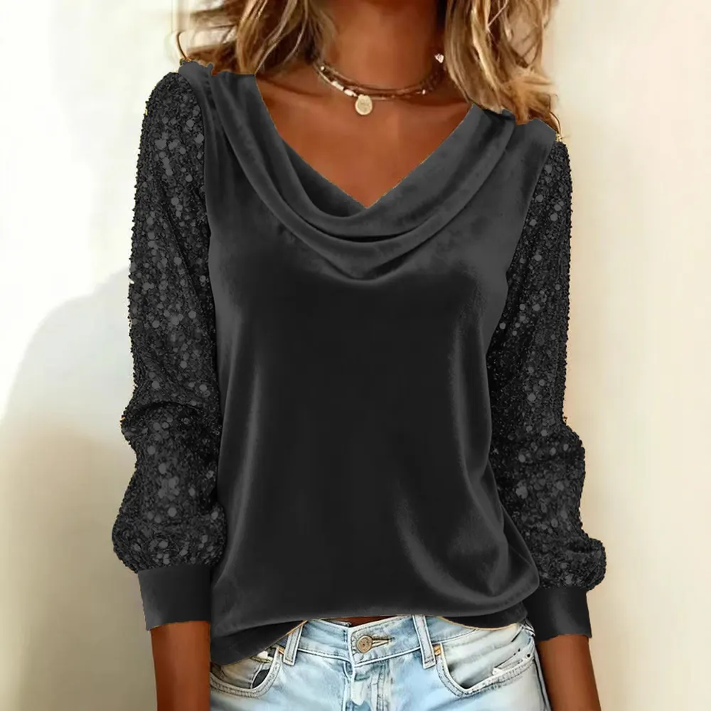 Velvet Sequin Ruffled Collar Long-Sleeve Top