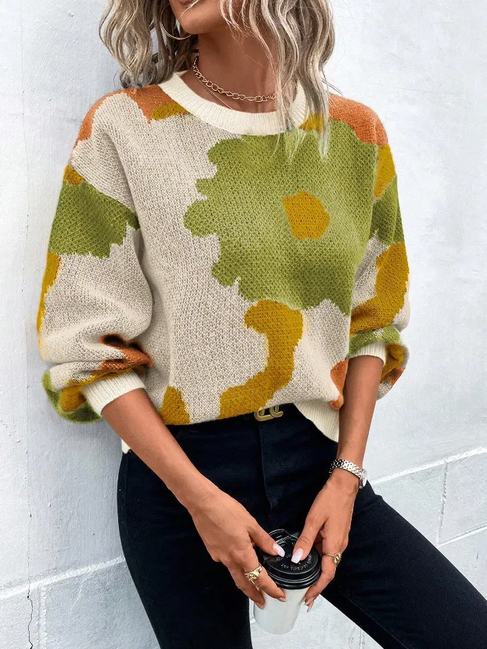 Jacquard Round-Neck Knit Sweater