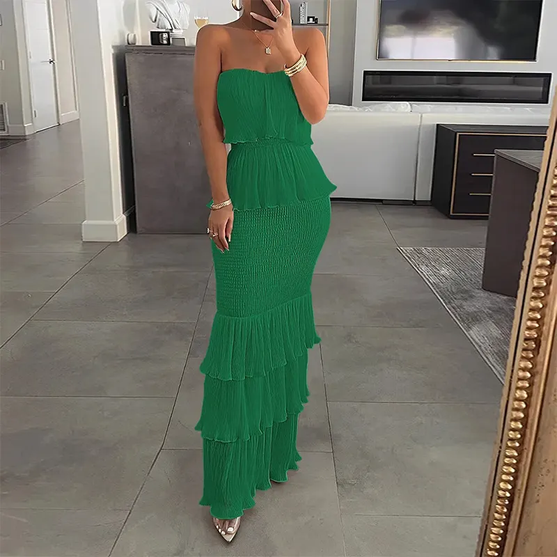 Ruched Pleated Strapless Long Dress
