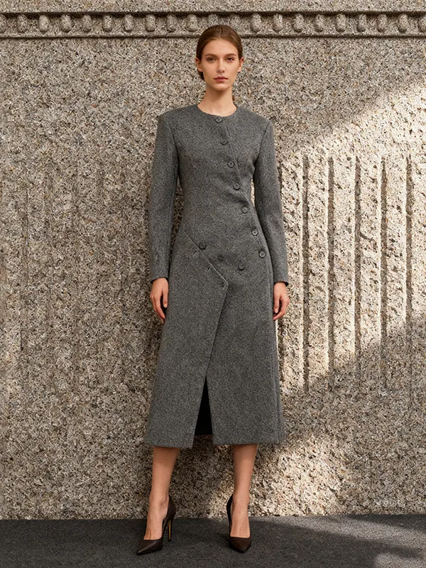 Asymmetric Tweed Midi Coat Dress
