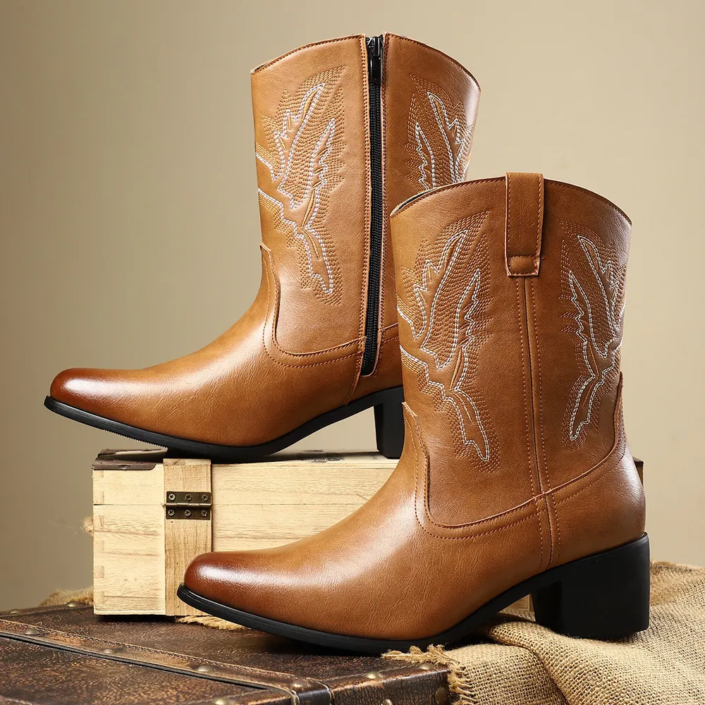 Men's Leather Western Boots with Side Zip