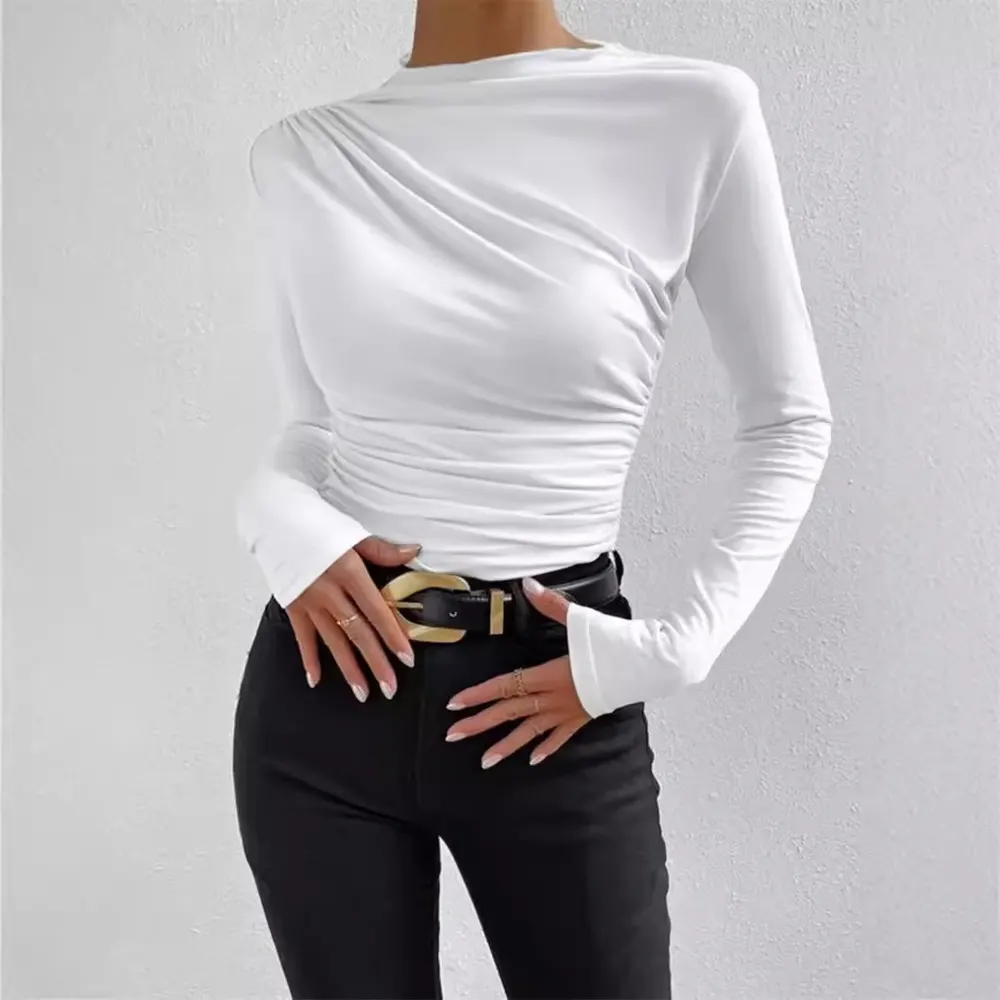 Pleated Round Neck Long-Sleeve Top