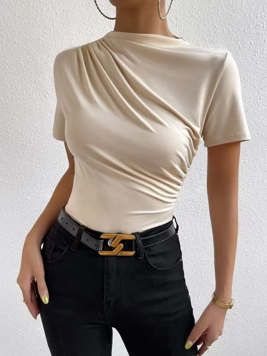 Pleated High-Neck Short-Sleeve Top