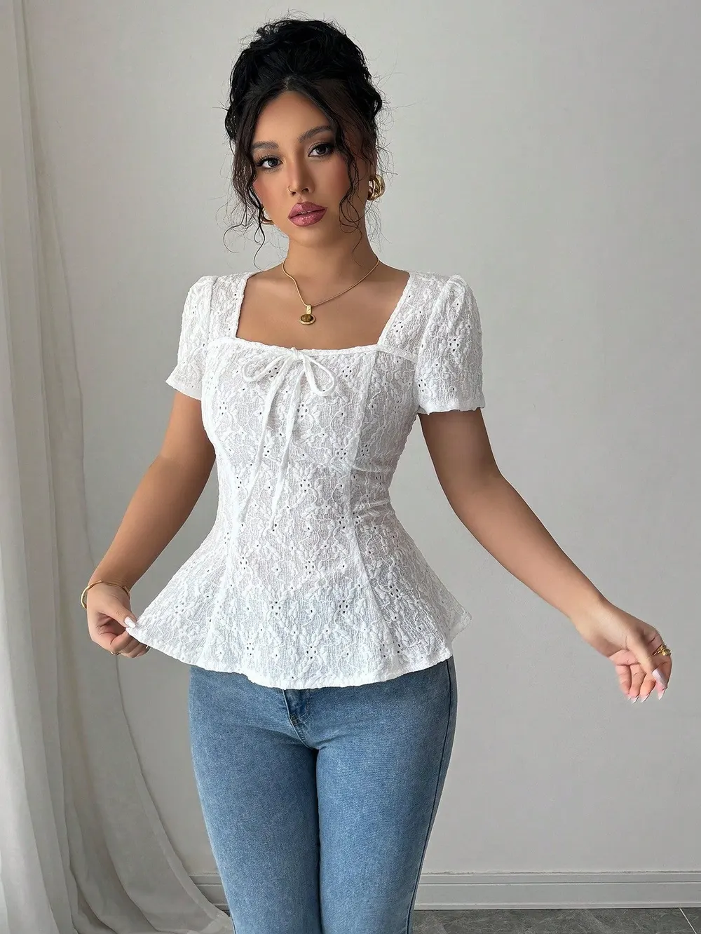 Square Neck Lace Top with Bow