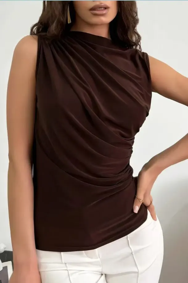 Pleated Sleeveless Half-Collar Top