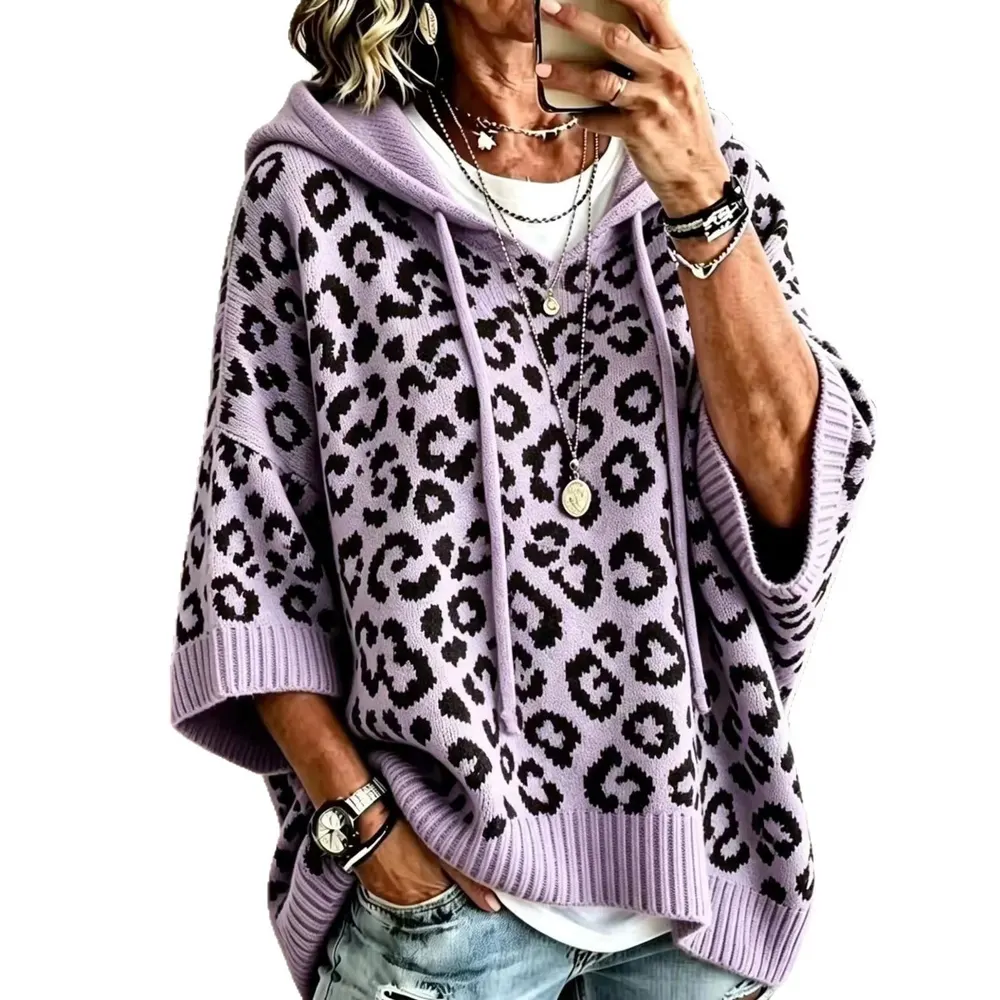 Leopard Print Hooded Knit Pullover