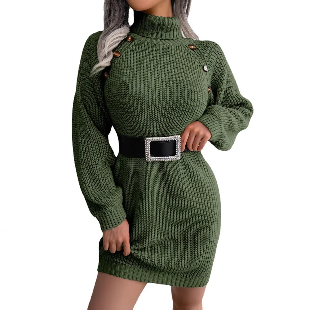 High Neck Button Knit Sweater Dress