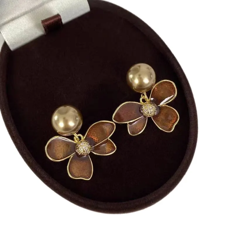 Coffee-Tone Enamel Pearl Flower Earrings