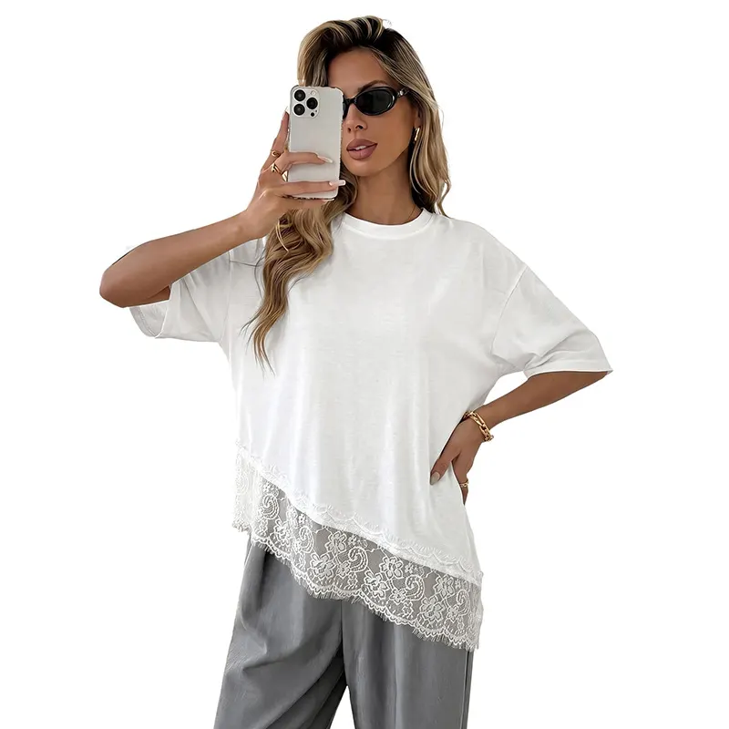 White Lace Patchwork Mid-Sleeve Top