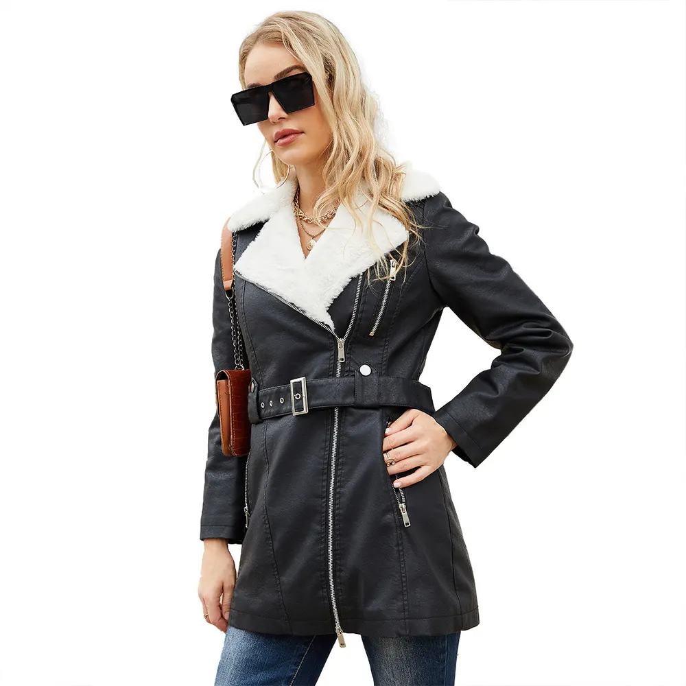 Belted Leather-Finish Coat with Double Zip