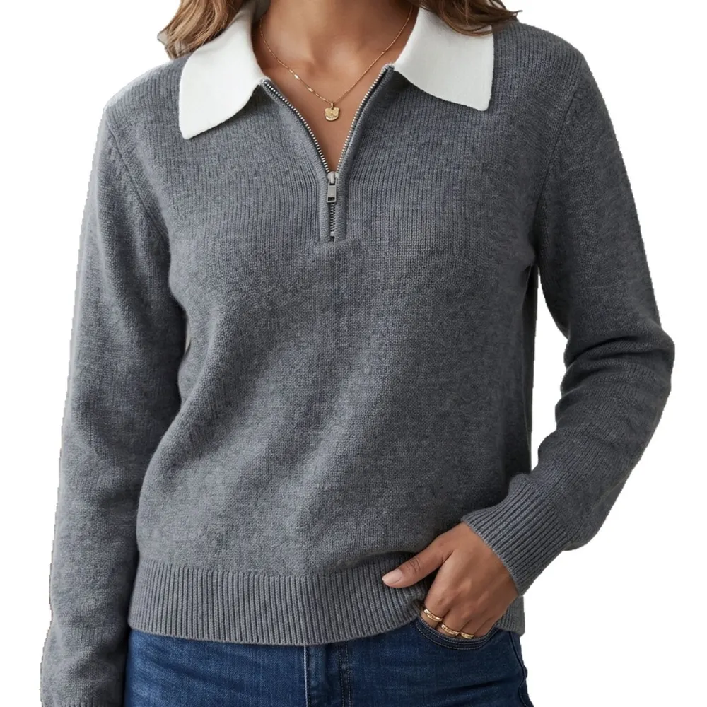 Contrast-Color Half-Zip Slim Knit Sweater