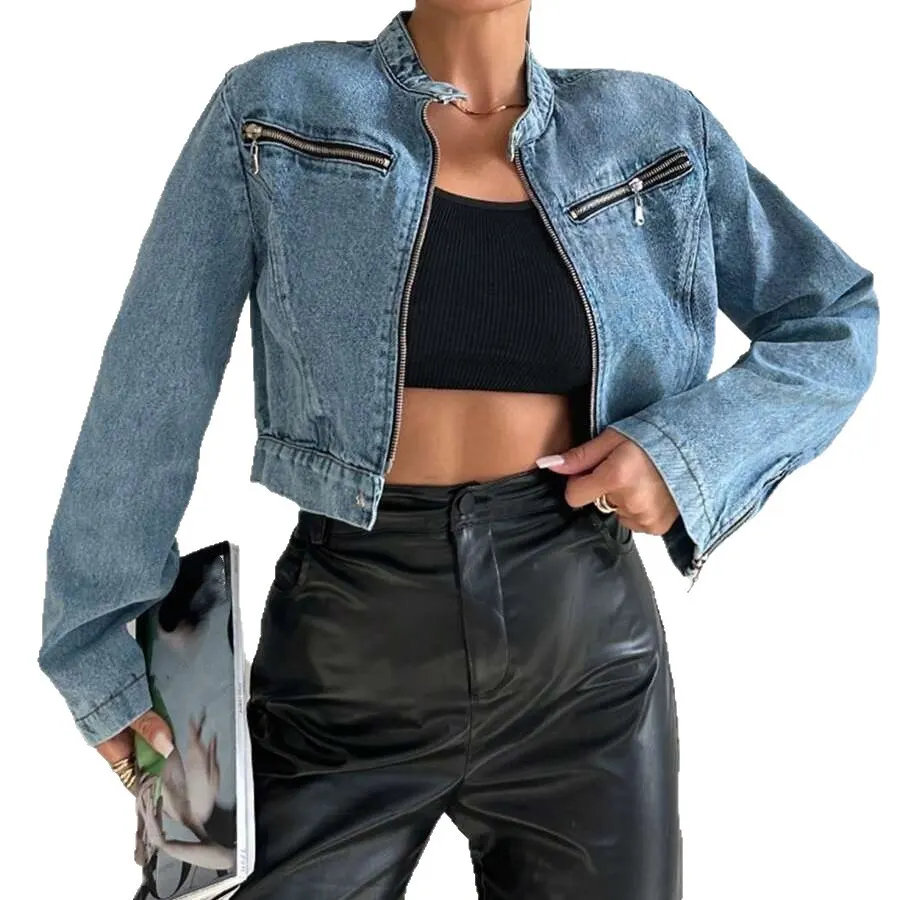 Light Wash Cropped Denim Moto Jacket