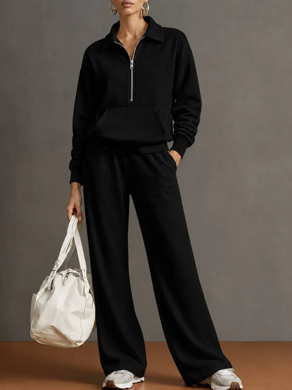 Lapel Half-Zip Sweatshirt and Wide-Leg Pants Set