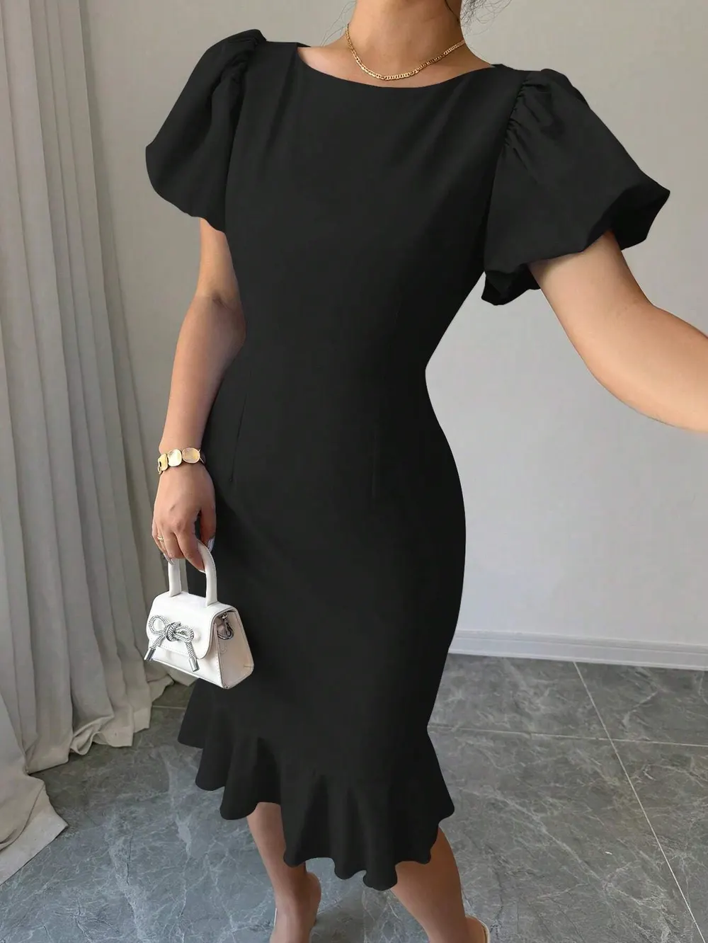 Lantern Sleeve Ruffle Fishtail Dress