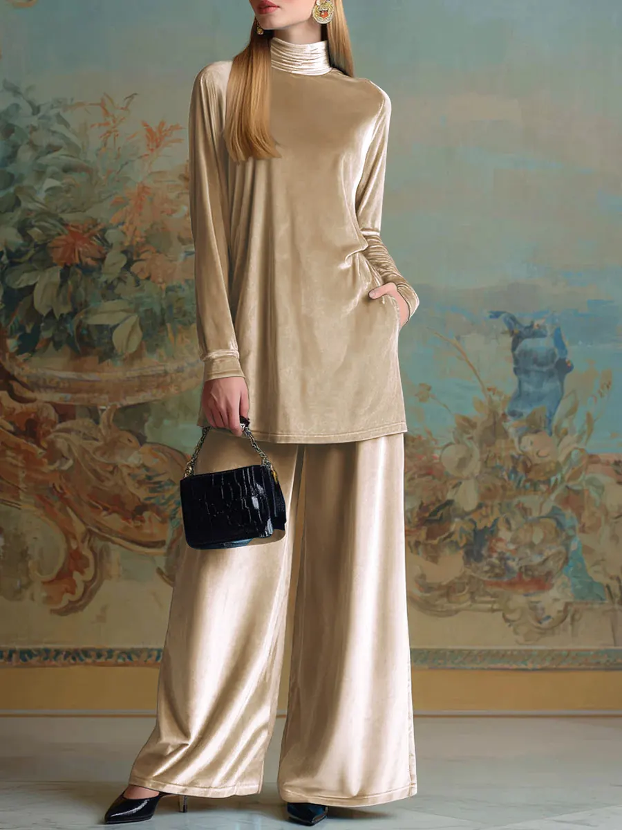 Velvet High-Neck Top and Wide-Leg Trouser Set