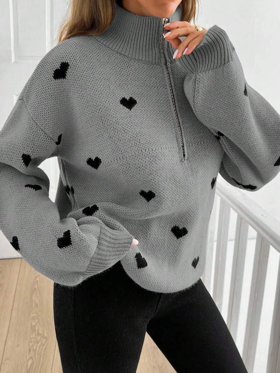 Heart Pattern Zip-Front Knit Sweater