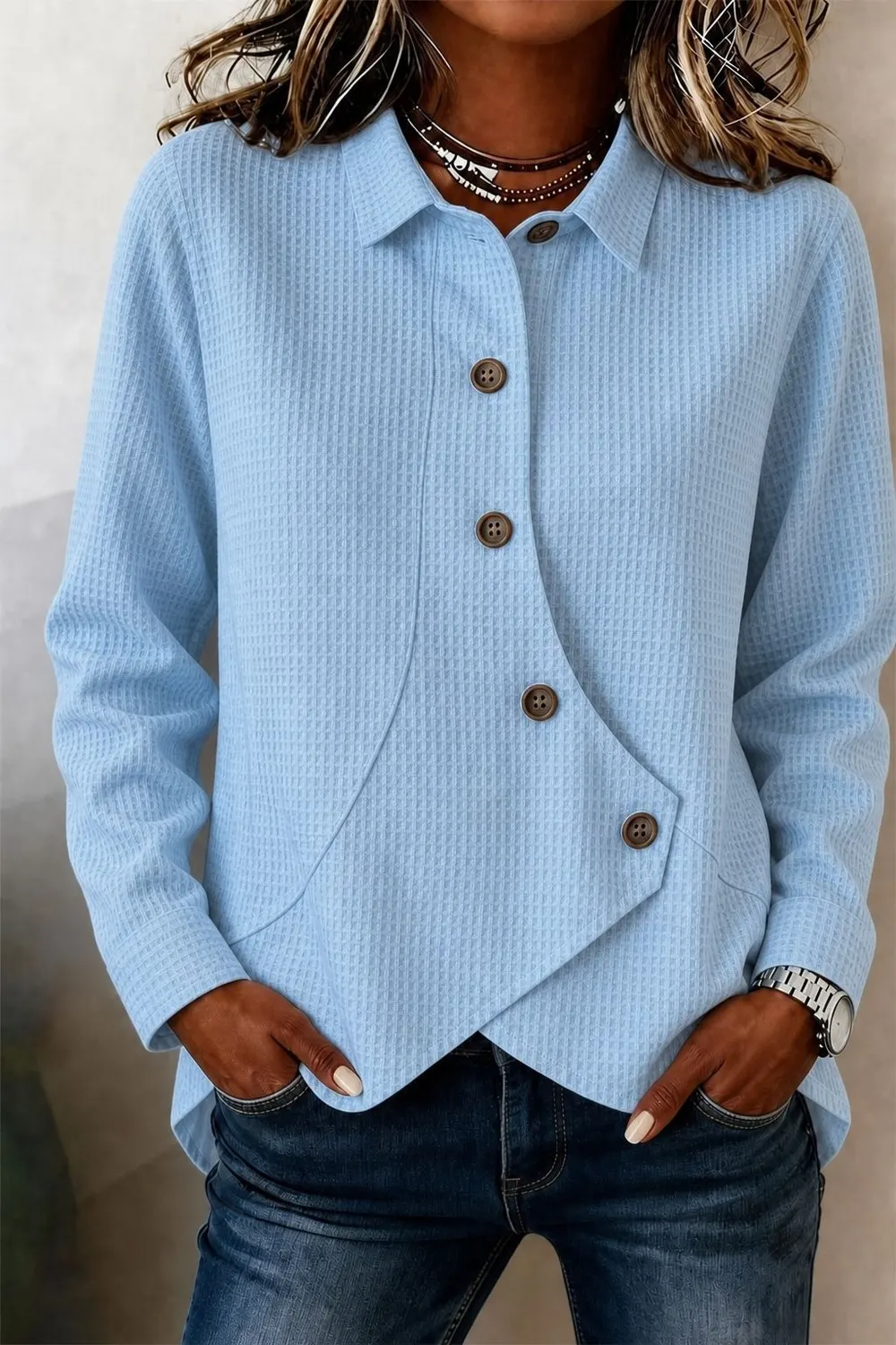 Waffle Long-Sleeve Shirt with Asymmetric Hem