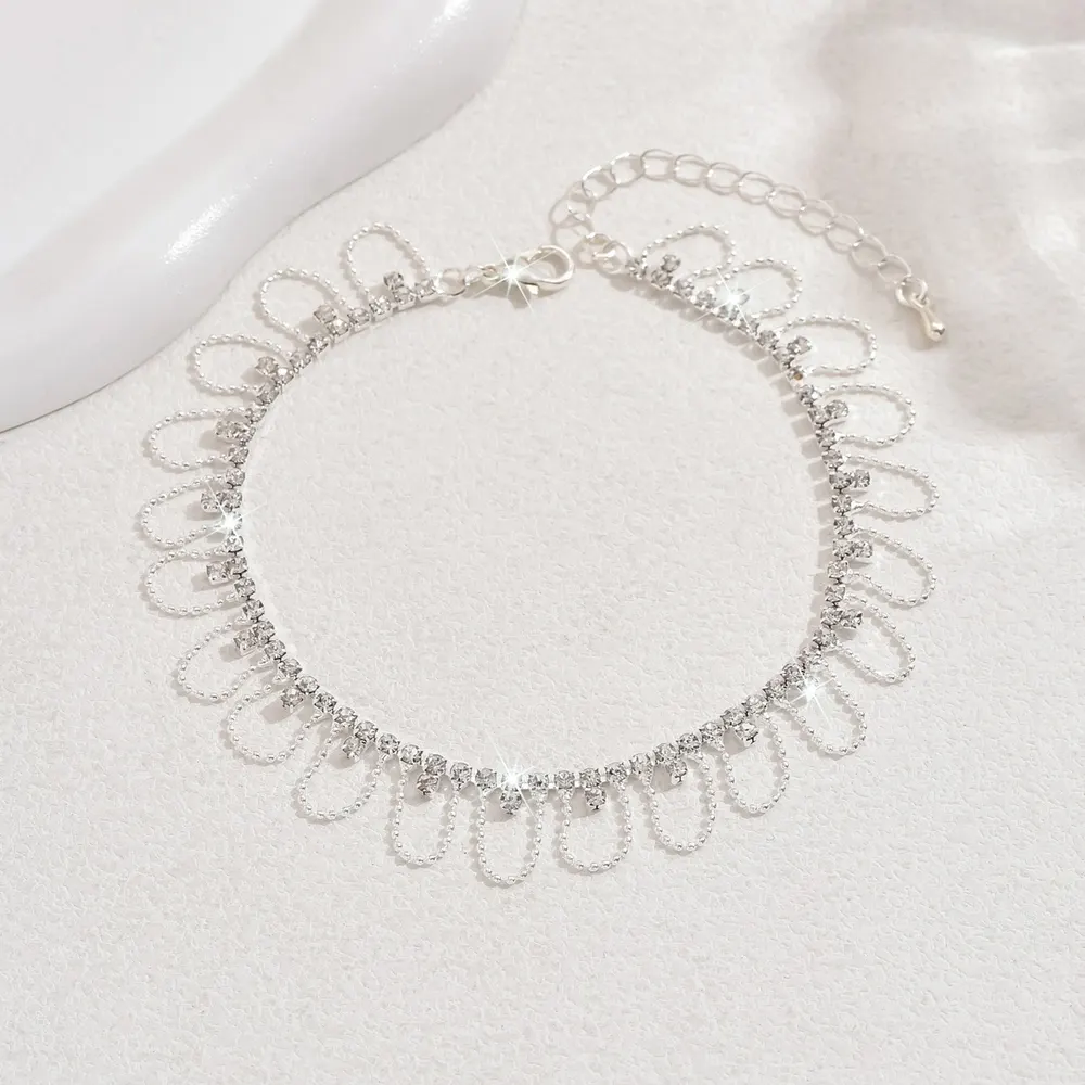 Silver Rhinestone Round Bead Anklet