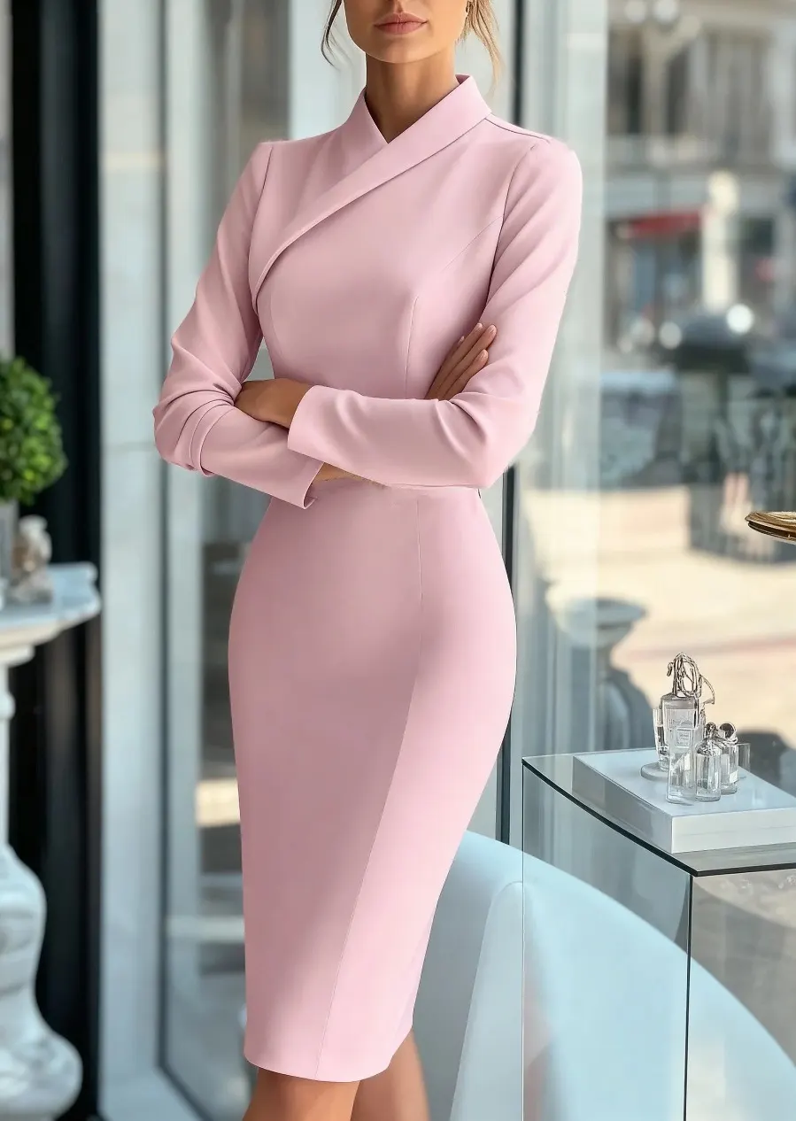 High-Neck Long-Sleeve Pencil Dress