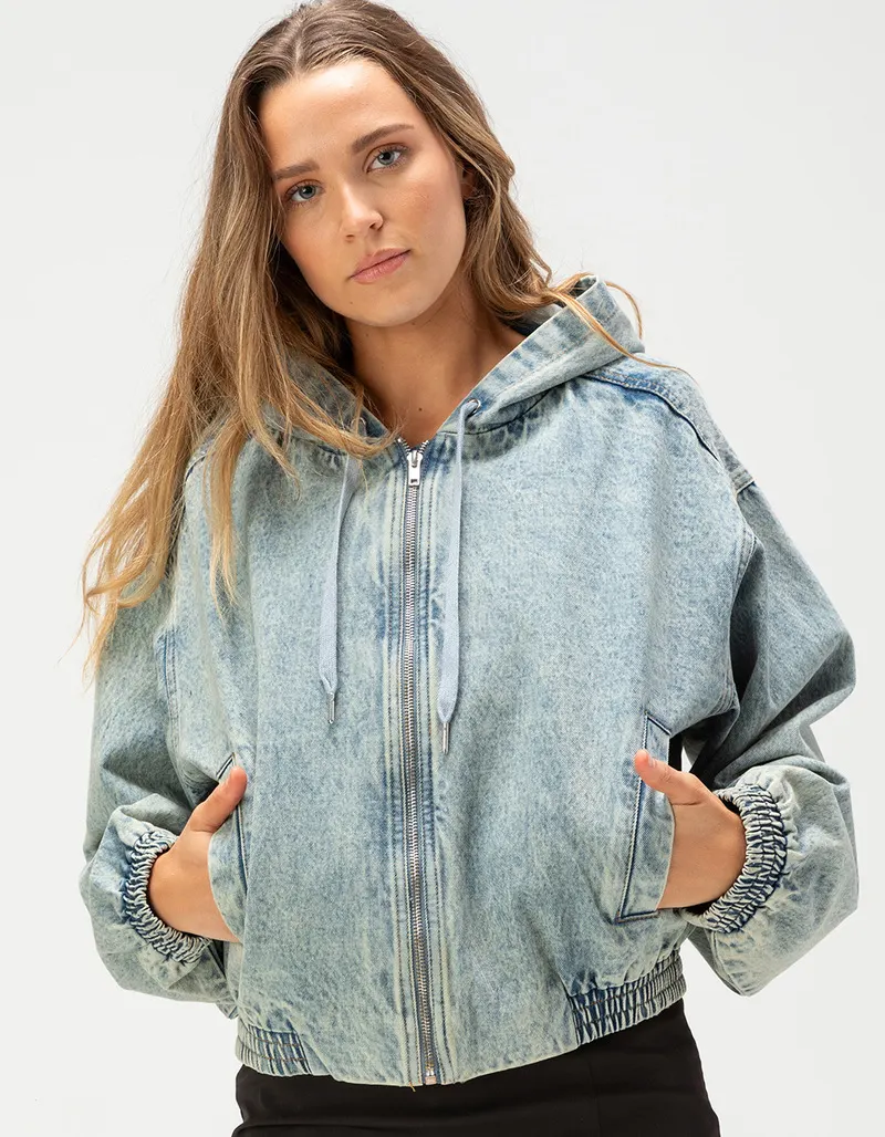 Acid-Wash Hooded Denim Bomber Jacket