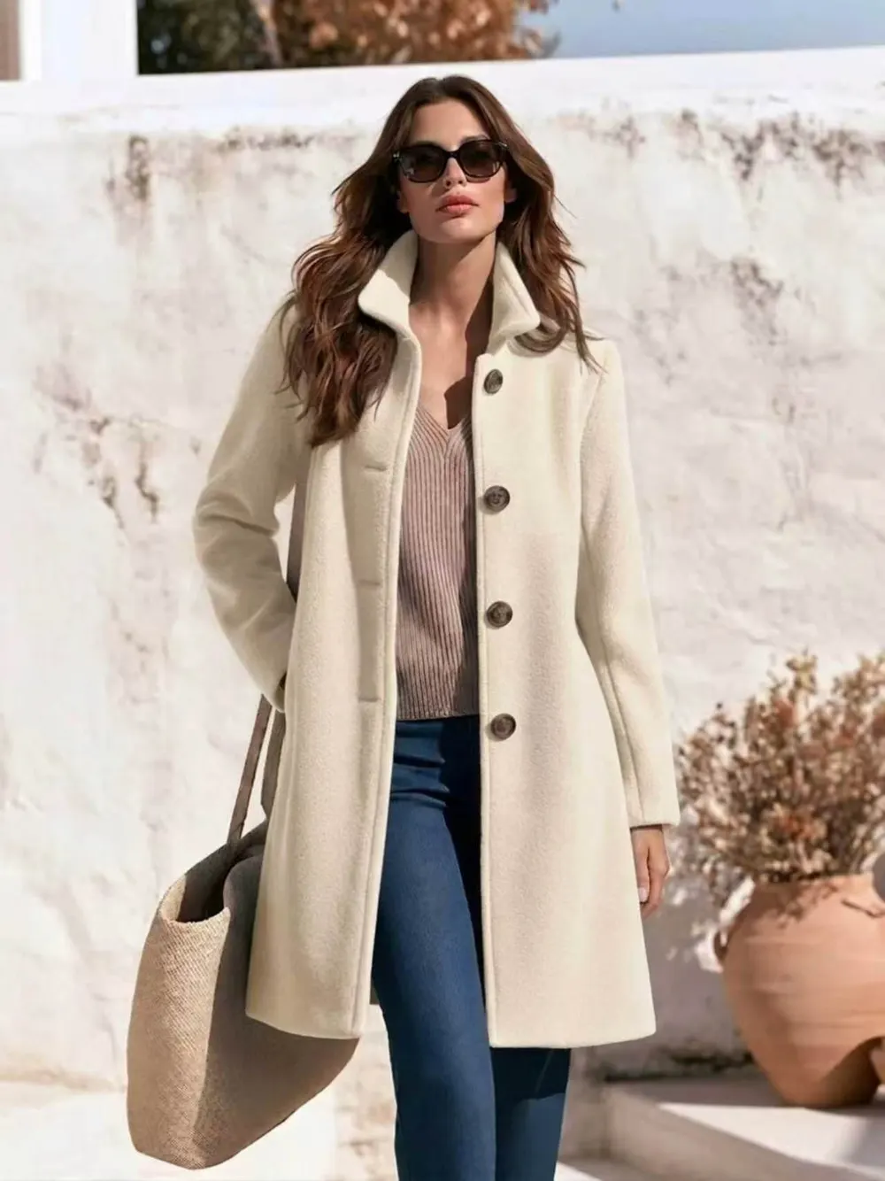 Single-Breasted Wool Blend Mid-Length Coat