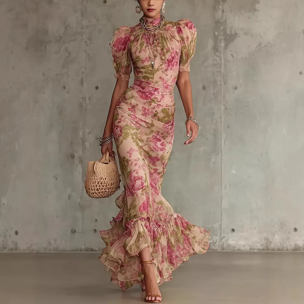 Retro Puff Sleeve Pleated Chiffon Dress
