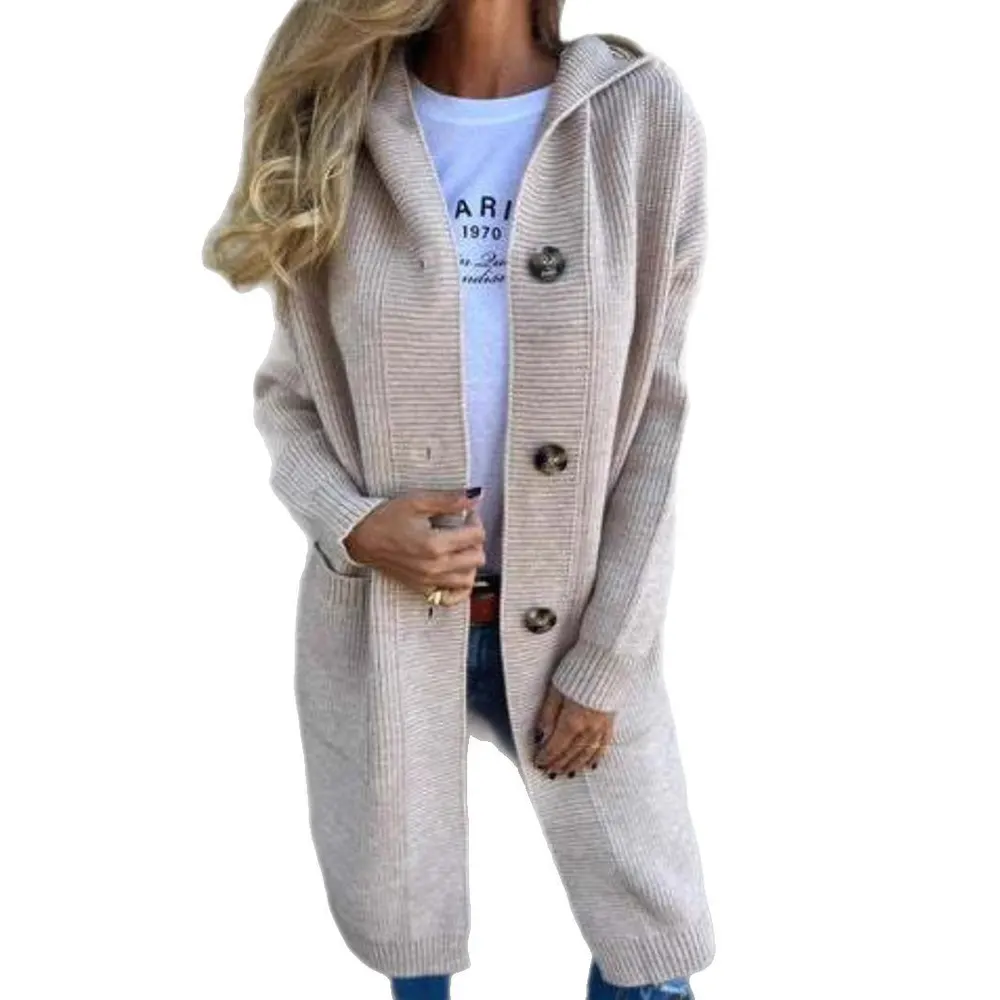 Long Hooded Knit Cardigan with Pockets