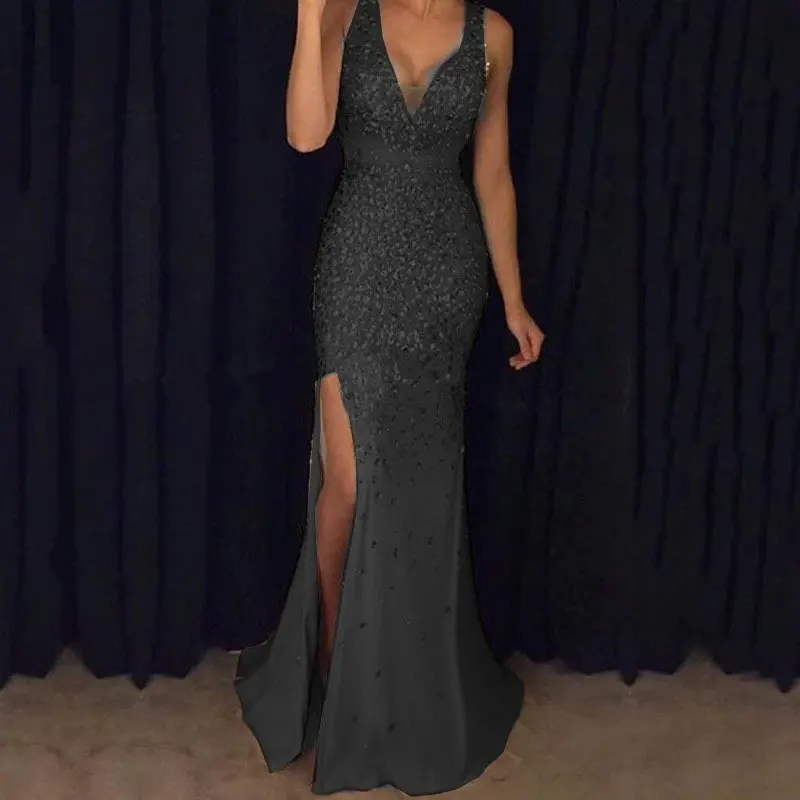Gold Stamped Slit Evening Gown