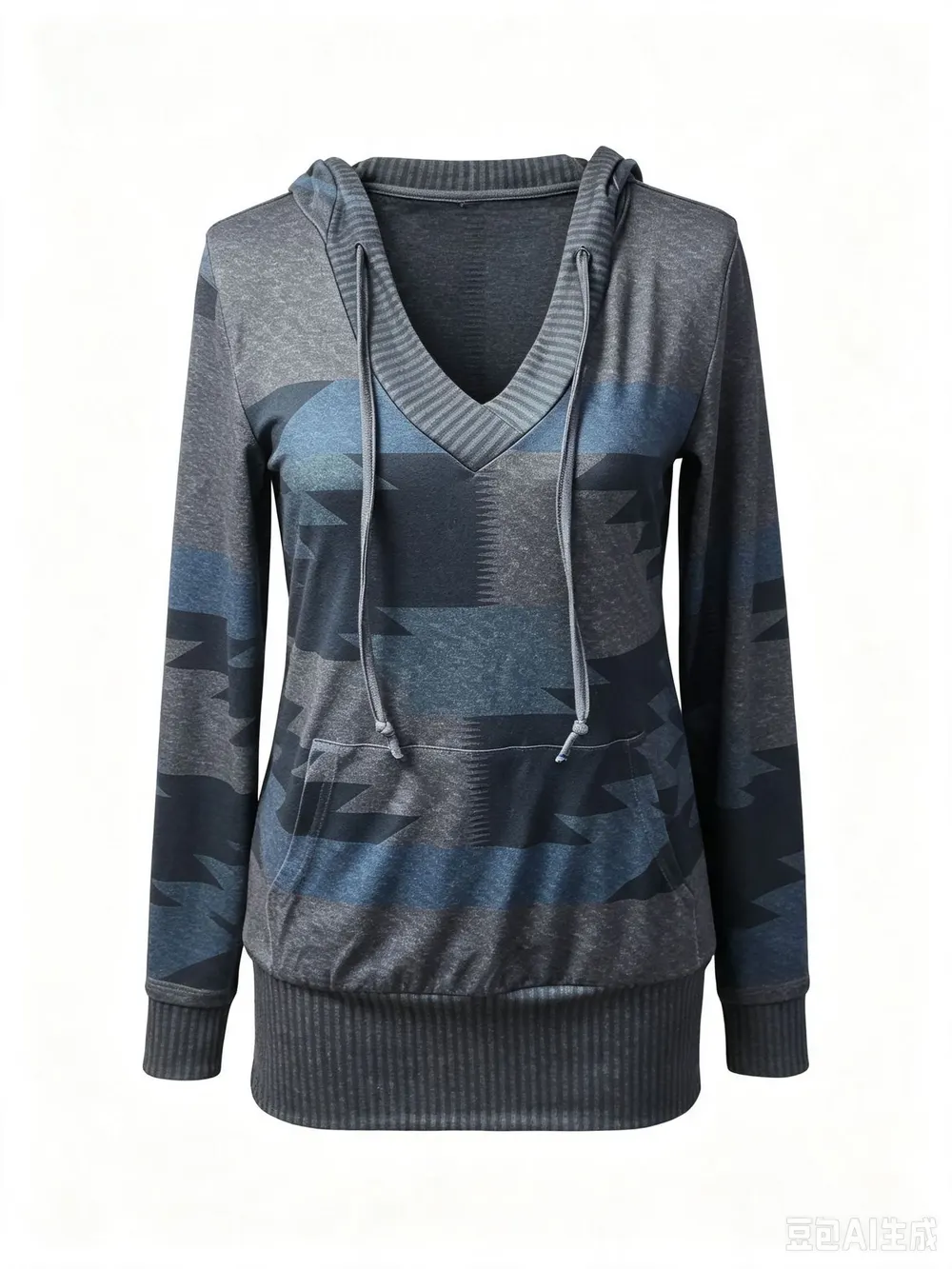 Geometric Print V-Neck Hooded Sweatshirt