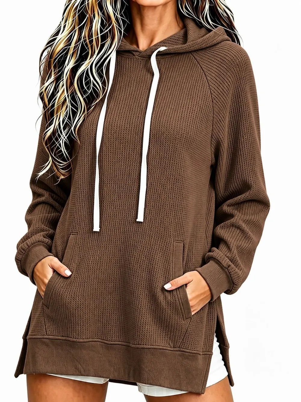 Waffle Knit Hooded Pullover Sweatshirt