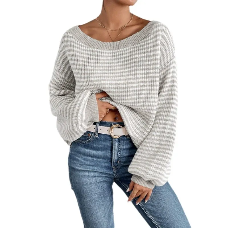 Striped Contrast One-Line Collar Knit Top