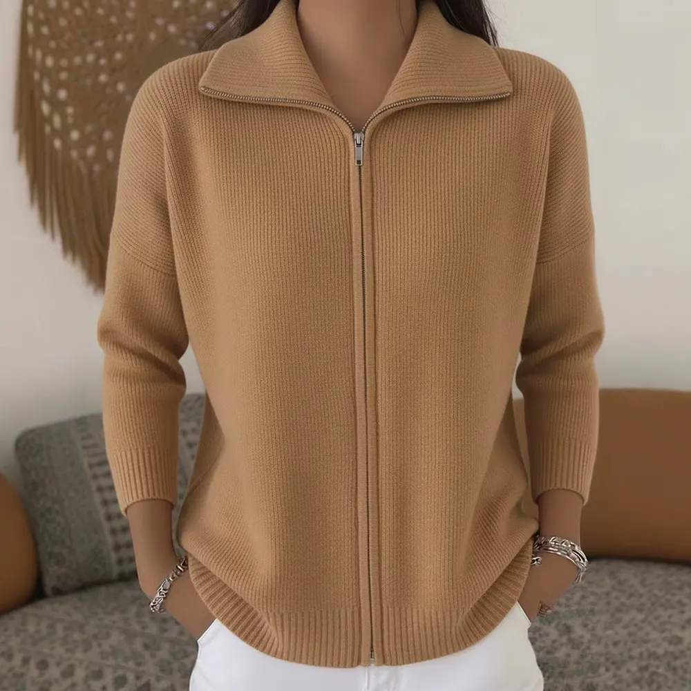 Zip-Front Knitted Cardigan with Lapel Collar